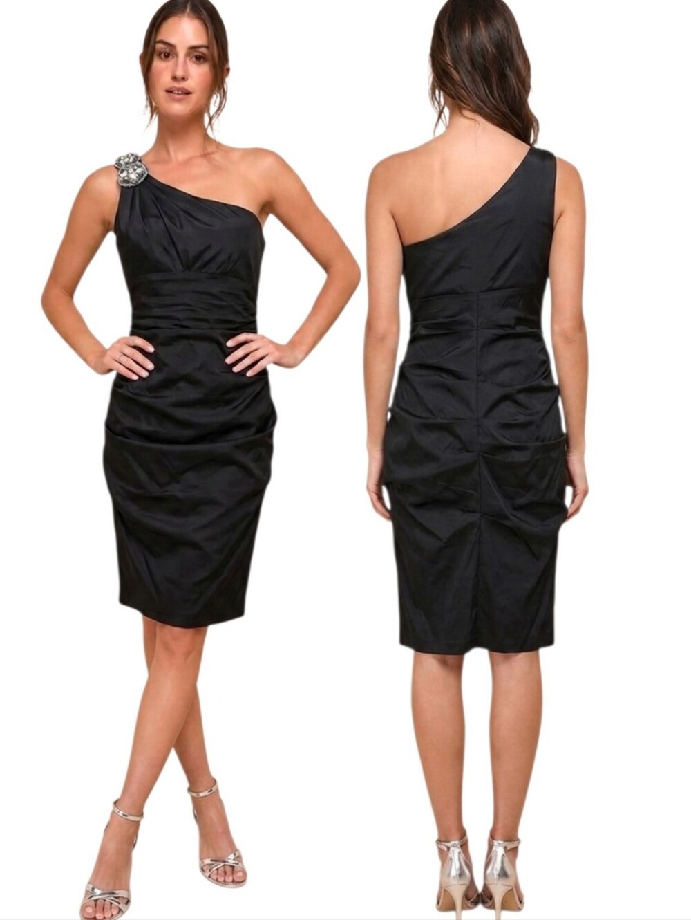 XSCAPE Vintage One Shoulder Cocktail Dress With Rhinestone Applique - Size L